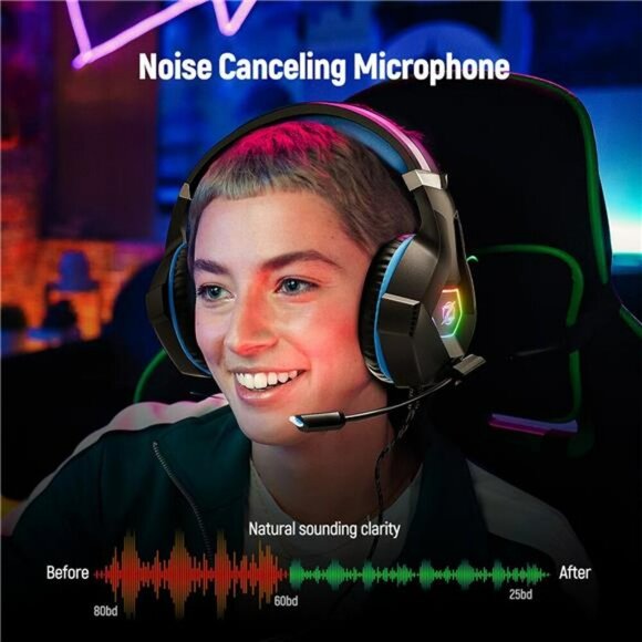 Gaming Headset PS5 Xbox PC 7.1 Surround Sound Noise Cancelling Mic RGB Light - Picture 4 of 7
